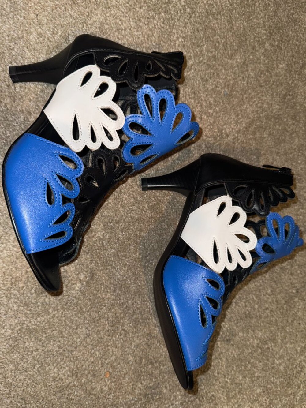 Blue, Black & White Floral Cage Peep-Toe Bootie Heels - Size 8.5 by Ashro